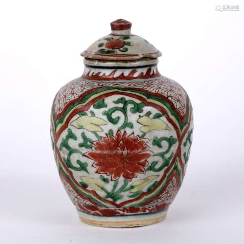 Polychrome jar and cover Chinese, Ming period painted with iron-red lotus, each in a panel, 15cm