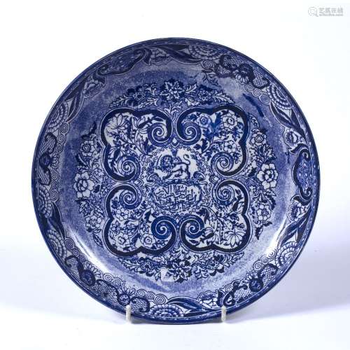 Blue printed pottery dish commemorating the visit of Nasr al-Din Shah Qajar to Turkey with an