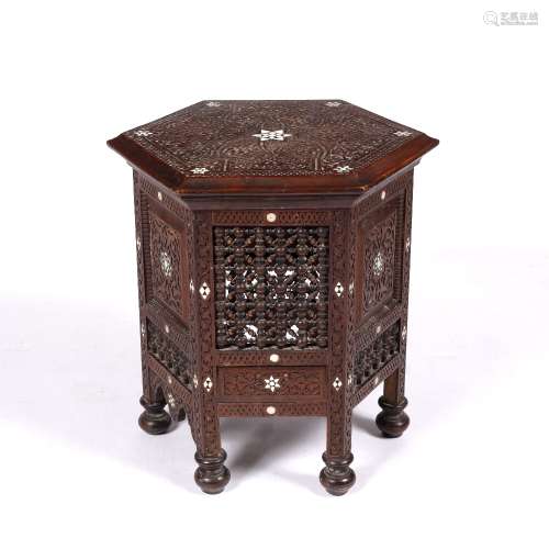 Damascus inlaid octagonal occasional table Syrian late 19th Century with carved arabesques and