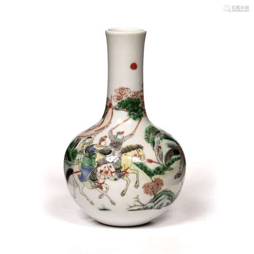 Small porcelain famille verte bottle vase Chinese, 19th Century painted in enamels with a hunting