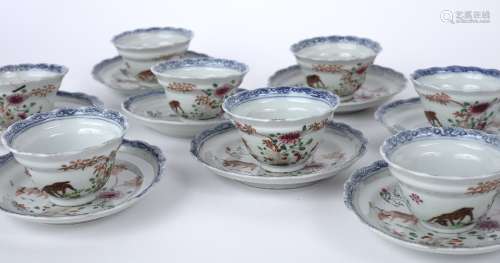 Set of eight tea bowls and saucers Chinese, 18th Century painted in famille rose palette