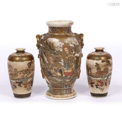 Pair of small Satsuma vases Japanese, Meiji painted with a band of courtiers, temple and in a