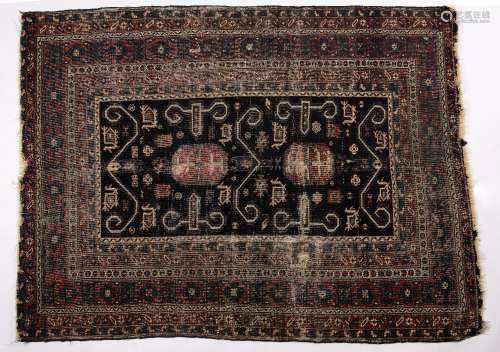 Shirvan blue ground rug Caucasian with stylised bird and other motifs, within a multiple border,