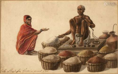 Company School painting Indian, 19th Century watercolour on paper, depicting a trader selling