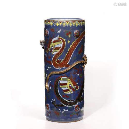 Ceramic sleeve vase Chinese decorated in enamels with dragons in flight, 30cm high