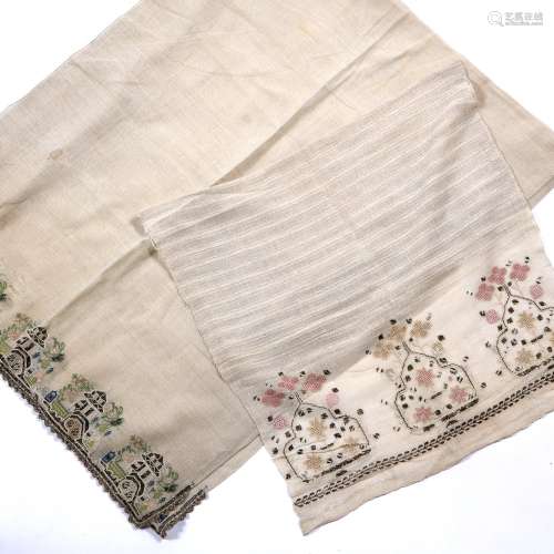 Ottoman silk and metal on linen embroidered towel Turkish featuring a kiosk in a garden setting,