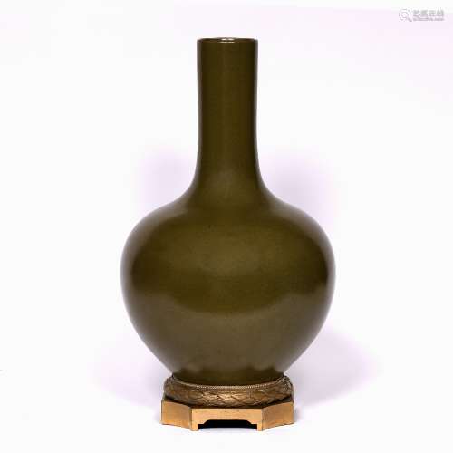 Eel-skin glaze bottle vase Chinese, 19th Century with ormolu mounted base and Qianlong seal mark,