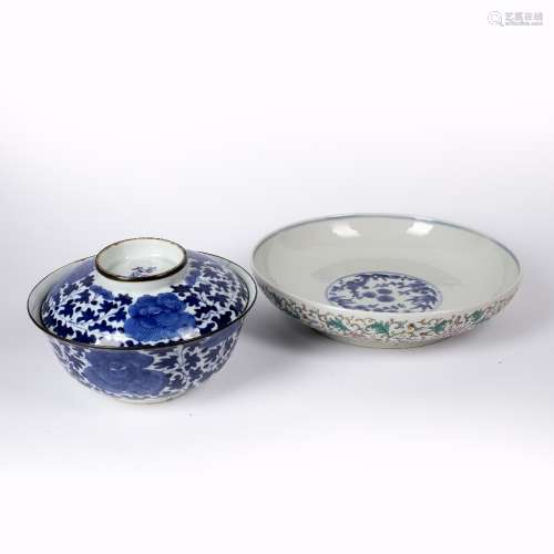 Polychrome enamel shallow bowl Chinese with trailing lotus design, Guangxu mark, 28cm diameter and a