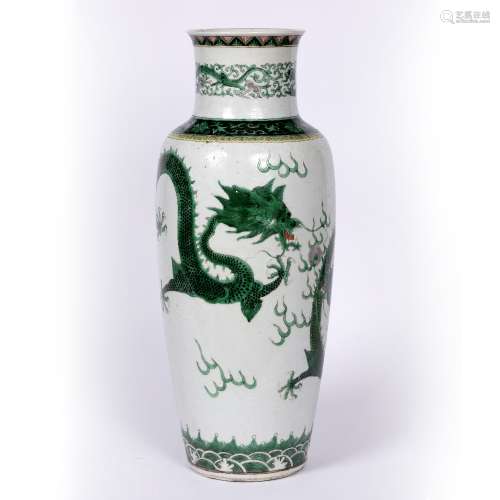 White incised porcelain vase Chinese, 19th Century with green enamel dragons and flaming pearls