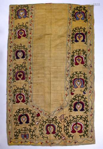 Silk yellow ground suzani Uzbekistan embroidered with foliate motifs bordering a central arched
