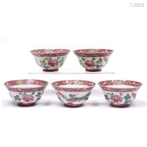 Five porcelain polychrome large tea bowls Chinese, circa 1900 each painted in enamels with