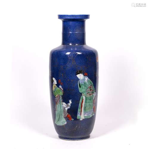 Powder blue Rouleau vase Chinese, 18th/19th Century with two figures in a garden each holding a