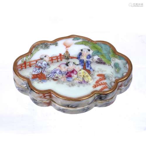 Enamel porcelain ink pot and cover Chinese, Republic period of oval shaped form, painted with boys