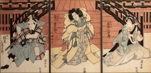 Utagawa Kuniyasu (1794-1832) 'Actors triptych' Japanese woodblock prints, each measures 36cm x 24cm