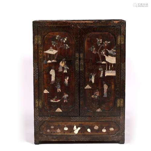 Lacquer cabinet Chinese, 19th Century with panelled doors with hardwood mounts, 81.5cm, 45cm deep,