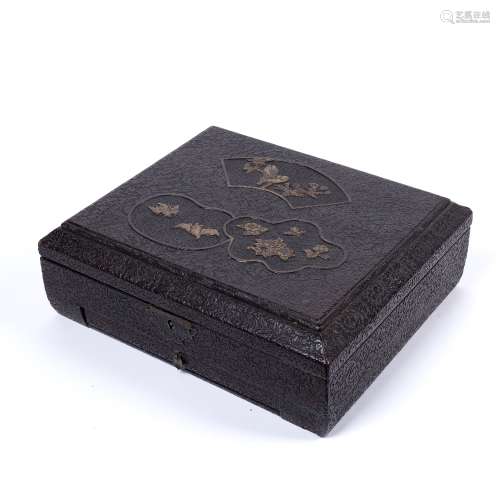 Lacquer carved box Japanese, Meiji period decorated with birds and bats to the top, fitted with