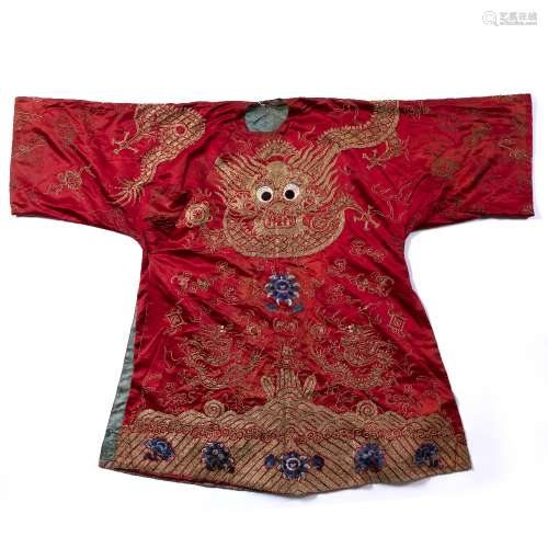 Red silk coat Chinese, 19th Century embroidered with gold thread dragons, cloud designs and with