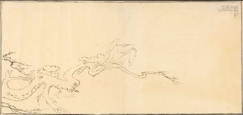 Pen and ink sketch Japanese, 20th Century bird perched on a branch, unsigned, 16.5cm x 37cm