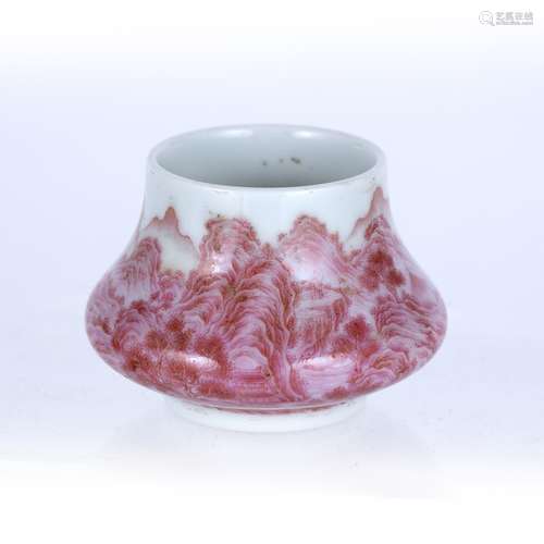 Miniature brush pot Chinese, Republic period painted in monochrome pink with a mountain scene, and