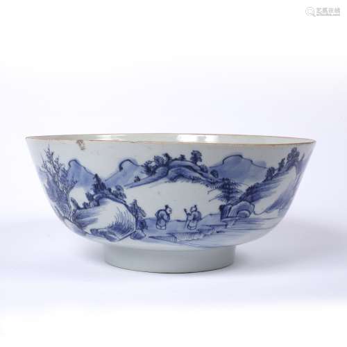 Blue and white porcelain bowl Chinese, early 19th Century depicting figures in a river landscape,