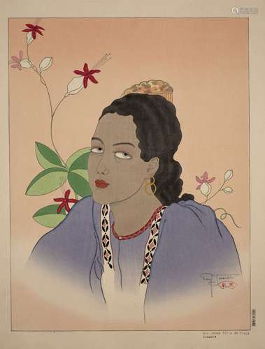 Paul Jacoulet (1896-1960) 'A Young Fiji Girl, Oceania', Japanese woodblock print, signed in pencil