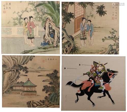 Collection of four watercolours on silk Japanese in the Chinese taste, 20th Century the first