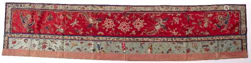 Silk embroidered banner Chinese red and pale blue ground embroidered with phoenix, dragonflies,