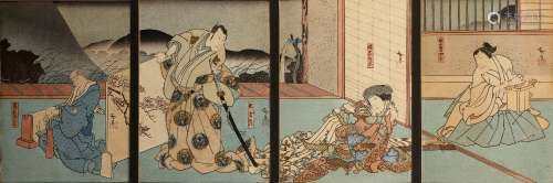 Utagawa Hirosada (Act.1819-1865) 'Four figures' quadriptych, Japanese woodblock prints, each