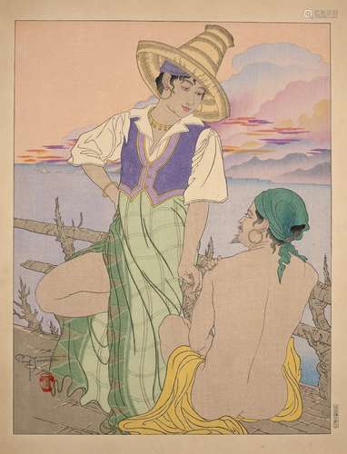 Paul Jacoulet (1896-1960) 'Sunset in Menado, Celebes' Japanese woodblock print, signed in pencil