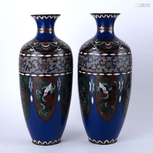 Pair of tall cloisonne vases Japanese, circa 1900 each with each vase wit panels of stylised birds