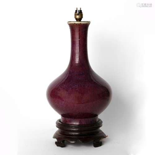 Sang de boeuf vase Chinese, 18th/19th Century fitted as a table lamp with a Chinese hardwood base,