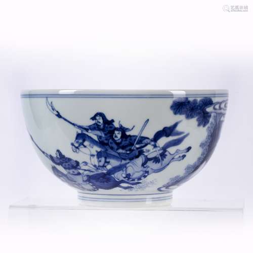 Blue and white porcelain bowl Chinese painted in the transitional style with an equestrian battle