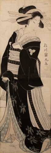 Japanese woodblock print 'Standing Geisha' late 19th Century, 73cm x 24cm