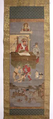 Scroll Japanese, Edo period painted with an Emperor signing a document with attendant and a Buddha