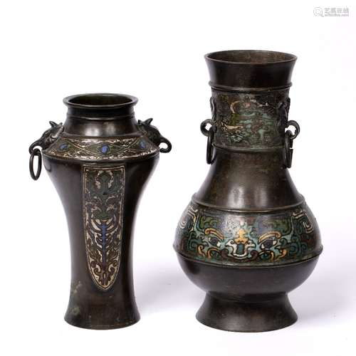 Two bronze vases Japanese, 19th Century both with enamel work bands around the body, with taotie