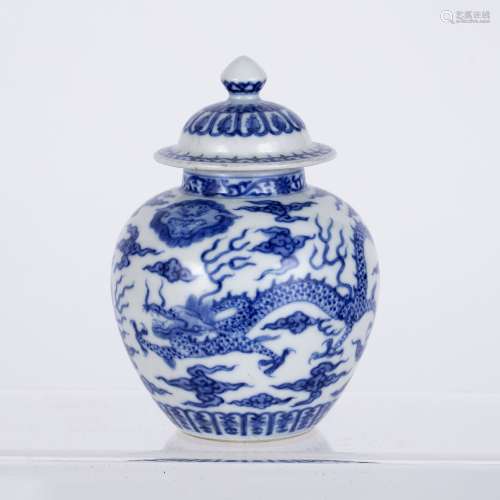 Miniature blue and white vase and cover Chinese with cloud, dragon and flaming pearls, Yongzheng