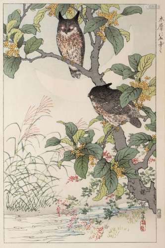 Kono Bairei (1844-1895) 'Osmanthus and owl' Japanese woodblock print, 36cm x 25cm