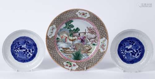 Famille rose porcelain plate Chinese, 18th Century painted in polychrome enamels with two figures on