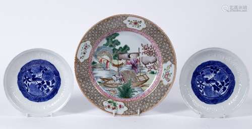 Famille rose porcelain plate Chinese, 18th Century painted in polychrome enamels with two figures on