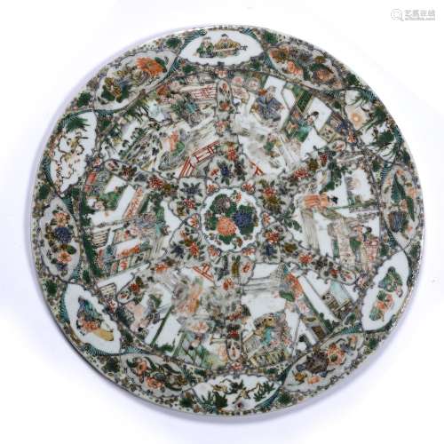 Famille verte circular plaque Chinese, 19th Century having panels of figures and foliate designs,