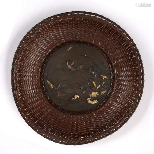 Bronze dish Japanese the centre roundel decorated with an underwater scene depicting a fish