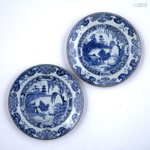 Pair of blue and white dishes Chinese , early 19th Century each having temple and river scenes, 23cm