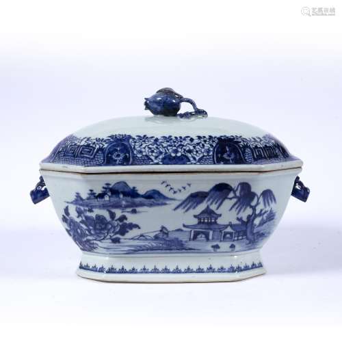 Blue and white octagonal porcelain tureen Chinese, circa 1800 painted with river landscapes and with