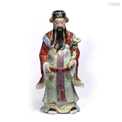 Famille rose figure of a Mandarin official Chinese in formal dress holding a ruyi sceptre, impressed