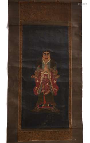 Painted scroll Japanese depicting a central deity with calligraphy down each side