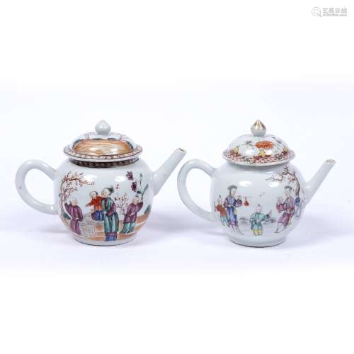 Two porcelain ovoid teapots Chinese, early 19th Century each with Mandarin polychrome painted