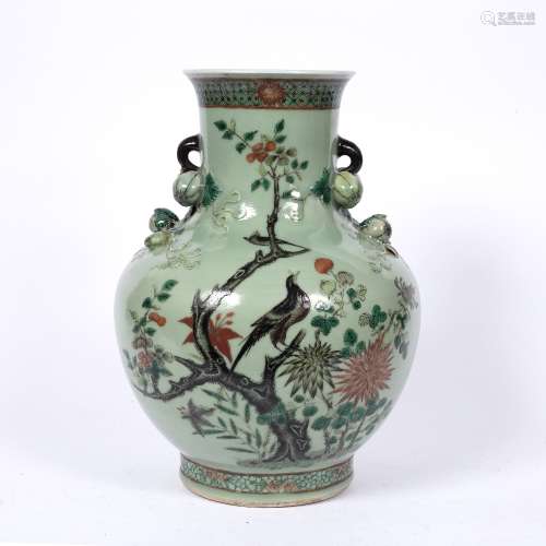 Canton celadon vase Chinese, late 19th Century with gourd handles and painted with grass hopper