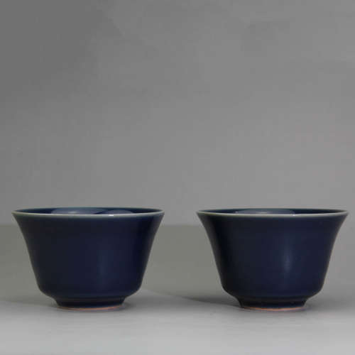 A Pair of Chinese Monochromatic Altar Blue Glaze Porcelain Cups
