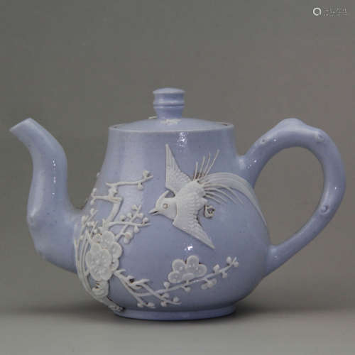 A Chinese Blue Ground Flower and Bird Pattern Relief  Porcelain Tea Pot