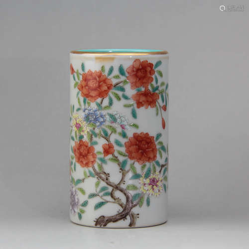 A Chinese Famille Rose Floral Porcelain Brush Pot